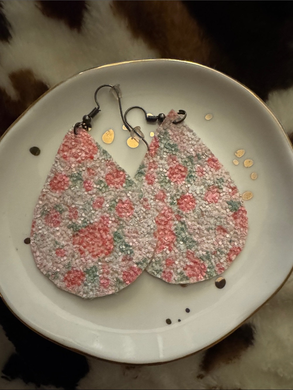 Hand Crafted Pink Floral Teardrop Earrings with Green Accents